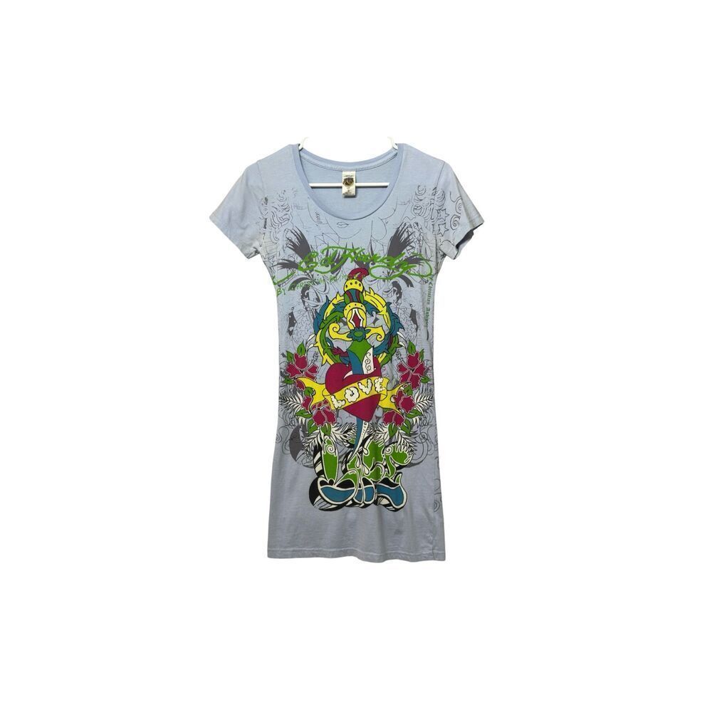 Vintage Ed Hardy Perwinkle "Love" Tee Shirt Mini Dress Women's Small